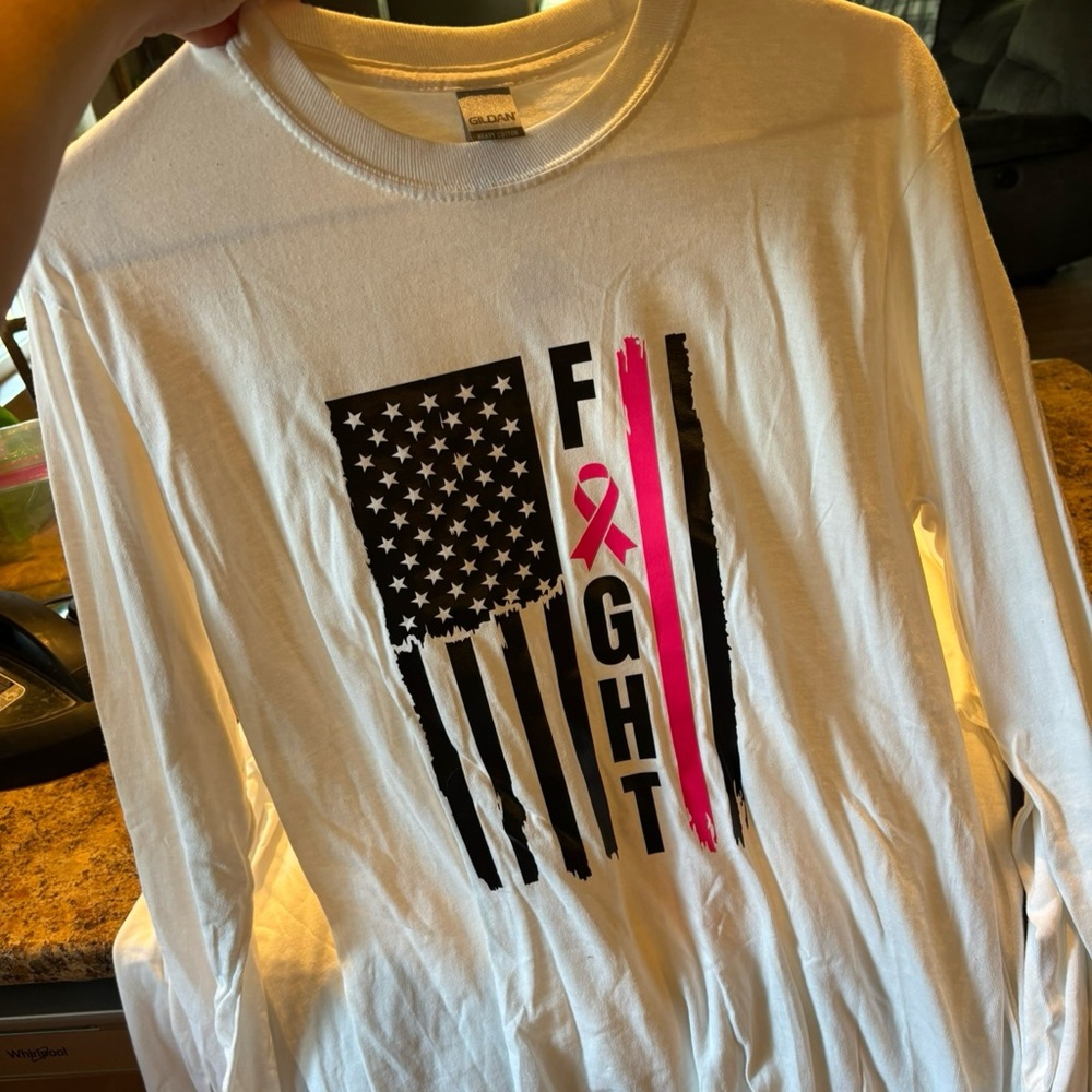 Gildan White and Pink  Long Sleeve Shirt